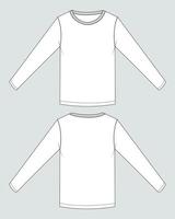 Long sleeve T-shirt Technical fashion flat Sketch vector template front and back view .