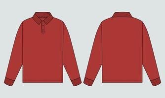 Long sleeve polo shirt technical fashion flat sketch vector illustration template Front and back views.