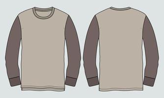 vista frontal y posterior de la plantilla de ilustración vectorial de dibujo plano de moda técnica de camiseta de manga larga. vector