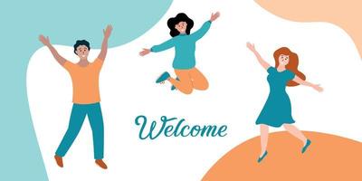 Welcome banner. Happy young people jumping and smiling. Friends together. Horizontal banner for website with text Welcome. Vector illustration