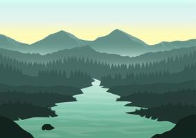 Nature landscape vector illustration. Mountain, river, and pine forest silhouettes.