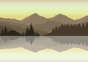 un hermoso vector de amanecer en las montañas. vista de silueta marrón reflejada en el lago.