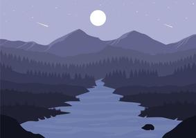 Nature landscape vector illustration. Mountain, river, and pine forest silhouettes at night