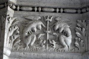 VENICE, ITALY - SEPTEMBER 15 2019 - doge ducal palace capital of column wayside sculpture detail photo