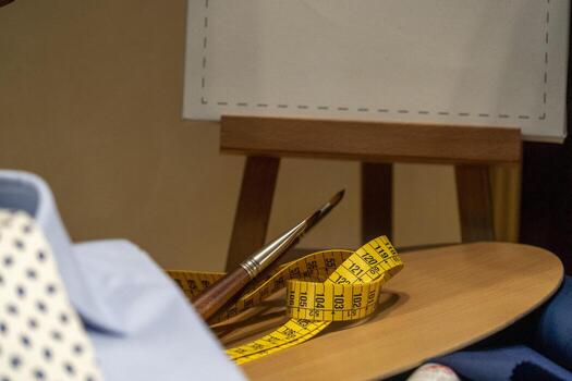 tailor instruments stuff on clothes fabric background photo