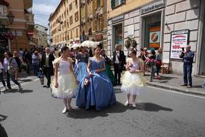 GENOA, ITALY - MAY 5 2018 - 19 century dress parade for Euroflora Exhibit in the unique scenario of the Nervi photo