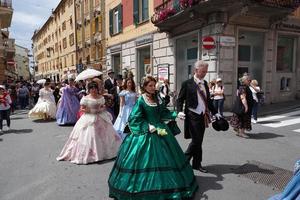 GENOA, ITALY - MAY 5 2018 - 19 century dress parade for Euroflora Exhibit in the unique scenario of the Nervi photo