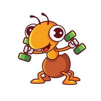 Cartoon cute ant doing fitness workout with carrying dumbbells character illustration vector