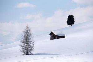 wood cabin hut in the winter snow background photo