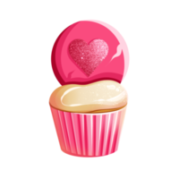 Valentines day sticker with a pink cupcake and a pink heart with glitter png