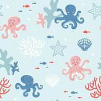 Summer cute marine seamless pattern coral reef with cute octopuses, starfish, algae, shells and fish. ocean dwellers. Cartoon style. Pastel shades. For nursery, wallpaper, printing on fabric, wrapping vector