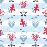 Summer marine striped seamless pattern with corals, starfish, algae, shells and fish. Red and blue colors. Ocean dwellers, vest. Flat style. For wallpaper, printing on fabric, wrapping, vector