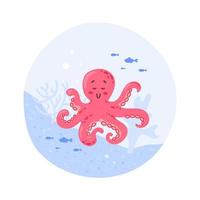 A cute cartoon pink octopus character swims in the sea near a coral reef smiling smiling. Fish and algae, sea and ocean inhabitants. For stickers, posters, postcards, design elements. vector