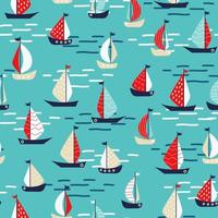 Summer marine seamless pattern with boats at sea. Red and turquoise colors. Yacht trip on the ocean. flat style. For wallpaper, printing on fabric, wrapping vector