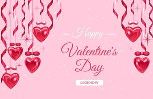 Happy valentines day. Shining hearts, pink and red ribbons and bows, stars. love you. Bright horizontal vector banner in a realistic style. For advertising banner, website, poster, sale flyer.