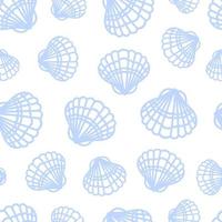 Summer marine minimalistic seamless pattern with seashells. Scallop, Pectinidae, bivalve mollusc. ocean dwellers. White and blue colors. line art style. For wallpaper, printing on fabric, wrapping. vector