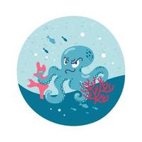 Angry cartoon blue octopus character swimming in the sea near a coral reef smiling smiling. Fish and algae, sea and ocean inhabitants. For stickers, posters, postcards, design elements. vector