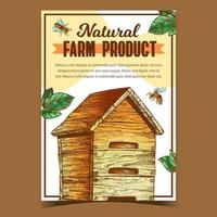 vector de cartel de producto de granja de abeja y colmena de madera