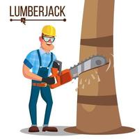 Lumberjack Vector. Classic Logger Man Working With Hand Chainsaw. Isolated Cartoon Flat Character Illustration vector