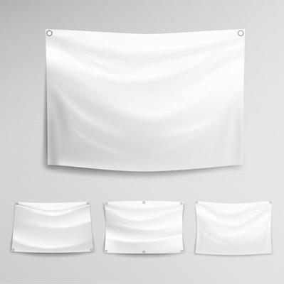 White Banner Set Vector. Horizontal Hanging Banners Mock Up Textile, Fabric Or Nylon.