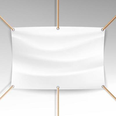 White Banner With Ropes Vector. Realistic Clear Textile Hanging Banner Template.