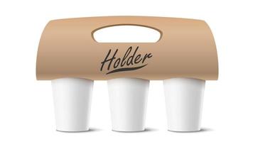Coffee Cups Holder Vector. Realistic Mockup. Empty Packaging For Carrying. Three Cups. Hot Drink. Take Away Cafe Coffee Cups Holder Mockup. Isolated Illustration vector