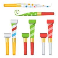 Party Horn Set Vector. Color Penny Whistle. Top View. Isolated On White Illustration vector