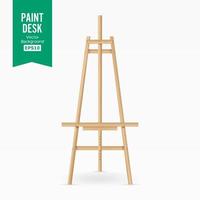 Paint Desk Vector. Wooden Easel With Empty White Paper. Isolated On White Background. Realistic Painter Desk Set. Drawing Whiteboard vector