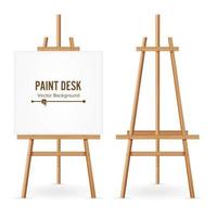 Paint Desk Vector. Wooden Easel Template With White Paper. Isolated On White Background. Realistic Painter Desk Set. Blank Space For Web Design. vector