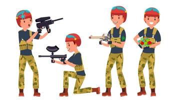 Paintball Player Vector. Battle. Team Members. Professional Gamer. Bright Splashes. Uniform. Competitions. Flat Cartoon Illustration vector