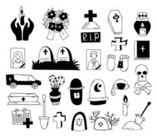 muerte y entierro. colección de garabatos vectoriales. tumba, cruz, cementerio, ataúd y coche fúnebre, calavera y tibias cruzadas y cenizas, corona y vela. dibujos a mano aislados para el diseño de temas funerarios. vector