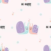 Seamless pattern with pair of snails in love with hearts on white background with flowers and words - Be happy every day. Vector illustration. For design, decor, wallpaper, textile.