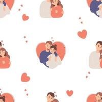 Seamless pattern with cute couple in love. Happy people hugging on white background with heart. Vector illustration. Romantic endless background valentine, for festive packaging, textiles, printing.