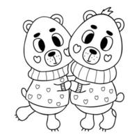 Pair cute in love hugging bears in romantic sweaters. Vector illustration in doodle style. Funny cute animal characters. Outline drawing.