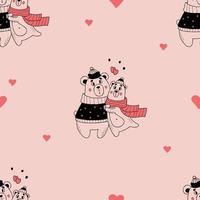 Cute seamless pattern. Romantic enamored hugging bears on pink background with hearts. Vector illustration in doodle style. Endless background for valentines, wallpapers, packaging, print.