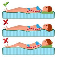 Orthopedic Mattress Vector. Sleeping Position. Correct And Incorrect. Spine Support Pose. Curvature Of Human Spine. Various Mattresses. Isolated Flat Illustration vector