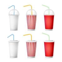 Soda Cup Template Vector. 3d Realistic Paper Disposable Cups Set For Beverages With Drinking Straw. Isolated On White Background. Packaging Illustration vector