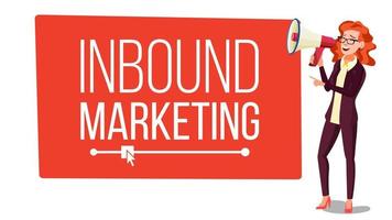 Inbound Marketing Banner Vector. Female With Megaphone. Place For Text. Loudspeaker. Web Pages, Social, Call to Action. Speech Bubble. Isolated Illustration vector