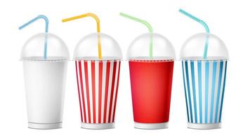 Soda Cup Template Vector. 3d Realistic Paper Disposable Cups Set For Beverages With Drinking Straw. Isolated On White Background. Packaging Illustration