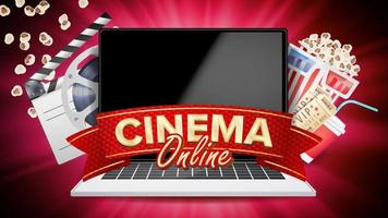 Online Cinema Vector. Banner With Laptop. Film Industry Elements. Film Tape For Cinematography. Billboard, Promo Concept Illustration. vector