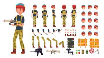 Paintball Player Male Vector. Animated Character Creation Set. Paintball Game Battle Player Man. Full Length, Front, Side, Back View, Accessories, Poses, Emotions, Gestures. Isolated Flat Illustration vector