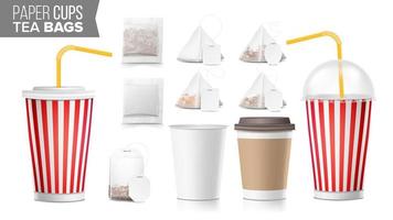 Realistic Blank Ocher Paper Cups Vector. Tea Bags Mock Up. Coffee Cup Blank. Soda, Soft Drinks Cup Template. Tube Straw. 3D Object Isolated On White. Fast Food Illustration vector