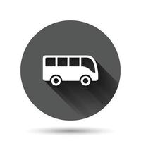 Bus icon in flat style. Coach vector illustration on black round background with long shadow effect. Autobus vehicle circle button business concept.