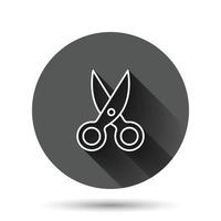 Scissor icon in flat style. Cut equipment vector illustration on black round background with long shadow effect. Cutter circle button business concept.