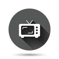 icono de vector de pantalla de tv retro en estilo plano. ilustración de televisión antigua sobre fondo redondo negro con efecto de sombra largo. concepto de negocio de botón de círculo de pantalla de tv.