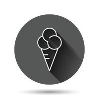 icono de helado en estilo plano. ilustración de vector de sundae sobre fondo redondo negro con efecto de sombra larga. concepto de negocio de botón de círculo de postre de sorbete.