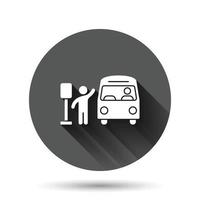 Bus station icon in flat style. Auto stop vector illustration on black round background with long shadow effect. Autobus vehicle circle button business concept.