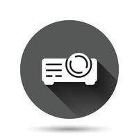 Video projector sign icon in flat style. Cinema presentation device vector illustration on black round background with long shadow effect. Conference circle button business concept.
