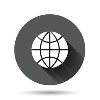 Earth planet icon in flat style. Globe geographic vector illustration on black round background with long shadow effect. Global communication circle button business concept.