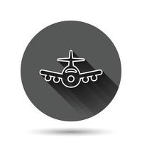 icono de avión en estilo plano. ilustración de vector de avión sobre fondo redondo negro con efecto de sombra larga. concepto de negocio de botón de círculo de avión de vuelo.